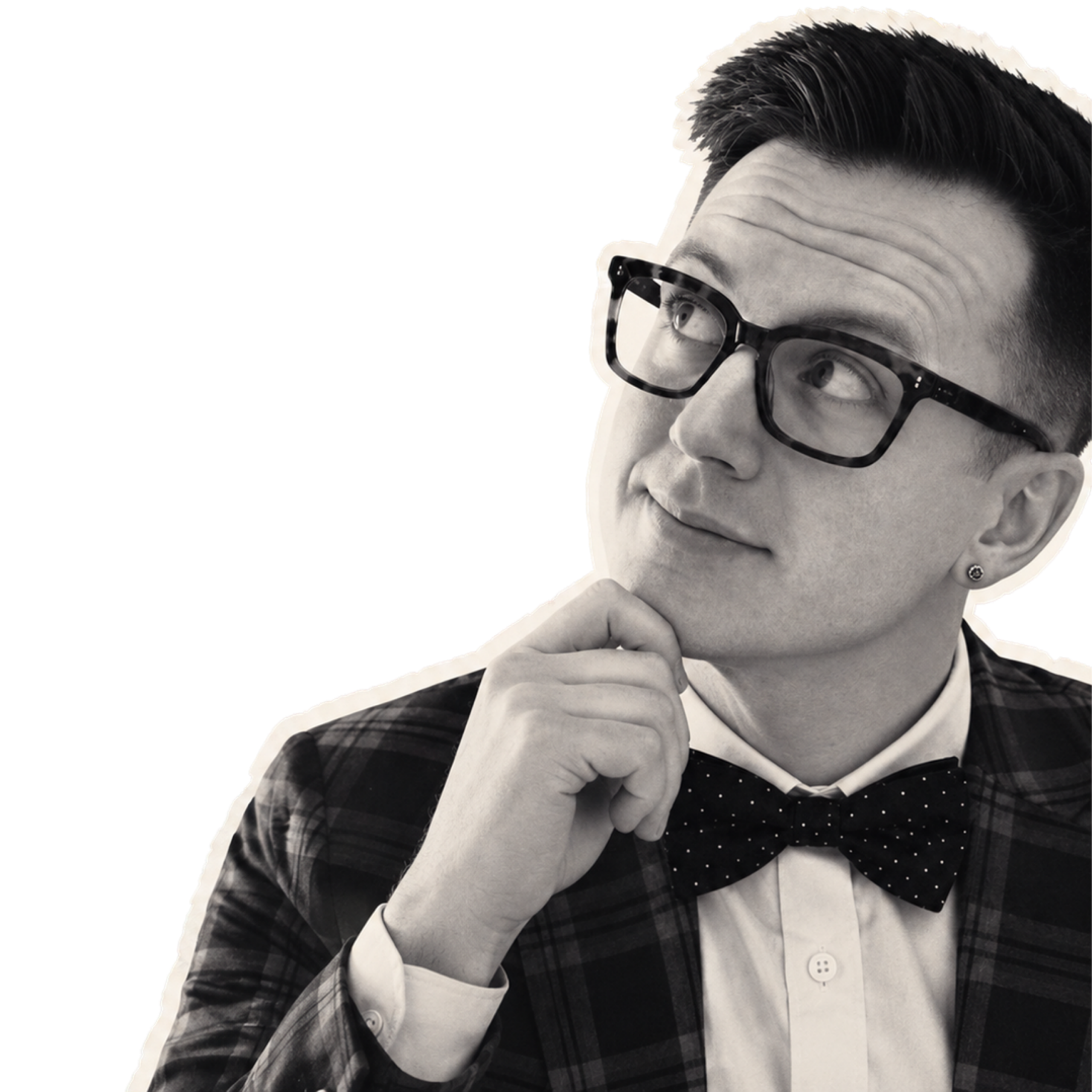 A cut-out monochrome image of Clarke Roberts, wearing glasses, a checked jacket and a spotted bow tie, looking up, holding his chin.